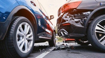 Two vehicles damaged in head on collision on street, car crash resulting in damage to cars - obrazy, fototapety, plakaty