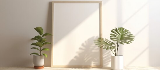 Empty wooden picture frame in empty room white wall background there are tropical plants in flower pots.