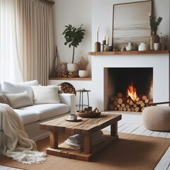 Inviting Ambiance: Rustic Wooden Coffee Table Nestled Between a White Sofa and Fireplace, Creating a Scandinavian Modern Living Room Haven