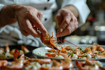 Professional chef hands preparing seafood feast meal of shrimps, crabs and lobsters for fine dining in seafood or Mediterranean restaurant - obrazy, fototapety, plakaty
