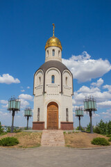Chapel of the Vladimir Icon of the Mother of God on WW2 military memorial cemetery on Mamaev Kurgan...