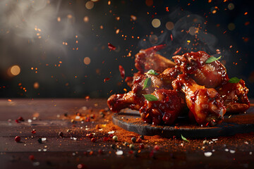 Fresh chicken boned wings in buffalo barbeque, or spicy sauce with flying ingredients and spices hot ready to serve and eat food commercial advertisement