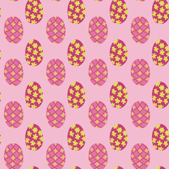 Easter eggs seamless pattern on pink background. Spring holiday concept. Flat colored decorated eggs isolated. Unique retro print design for textile, wallpaper, interior, wrapping