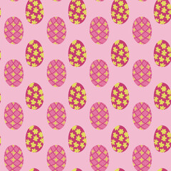 Easter eggs seamless pattern on pink background. Spring holiday concept. Flat colored decorated eggs isolated. Unique retro print design for textile, wallpaper, interior, wrapping