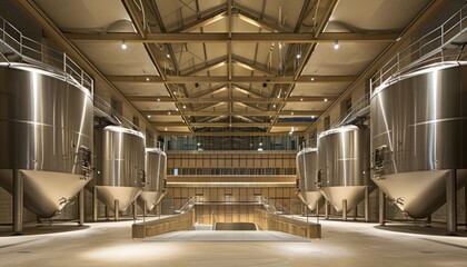 Innovative winery processing  engineers monitor tanks under led lighting for tech savvy wine label