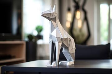 Origami animal head paper  sculpture on wall. Geometric  dog or cat figure. Modern design interior