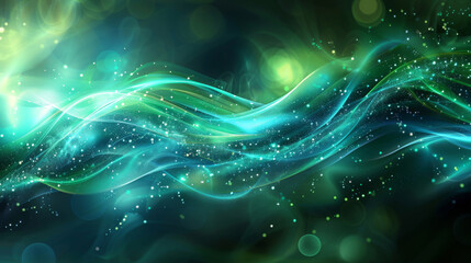 Abstract futuristic background, blending high-speed light trails with a technological essence, in cool tones of blue and green