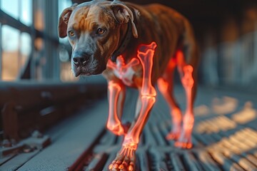 German boxer walking inside building close up photo. Red illuminated X-ray of the forelimb and...