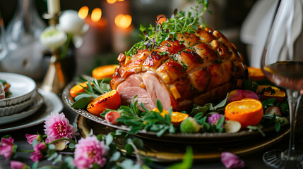 Glazed Easter Ham Adorned with Fresh Herbs on Festive Table.  generative ai