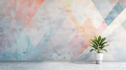 A wall with a colorful geometric patterns design and a potted plant in the corner