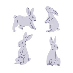 Set of flat hand drawn white bunnies in different poses. Sketchy hand drawn elements on white background. Ideal for decoration, stickers, greetings, banner and background. Spring concept