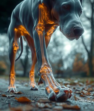 German mastiff walking along a road . X-ray of the forelimb and hindlimbs of standing in the park big dog.
