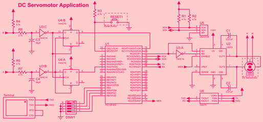 Vector electrical schematic diagram of an electronic 
device with a servo motor, external eeprom memory, 
trigger chips, logic gates. The circuit operates under 
the control of a microcontroller.