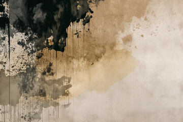 An abstract blend of black, brown, and beige watercolor, creating a dramatic, weathered texture with dripping and splatter effects.