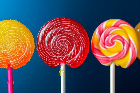 different types of lollipops on dark blue background