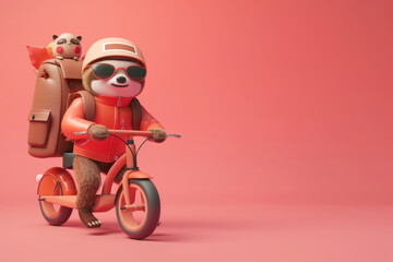 Fototapeta premium Sloth delivery man, 3D kawaii style, on bike, simple plain color background