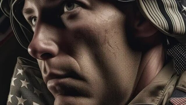 Man in military uniform of American soldier on dark background. Close up of a man's face. Memorial Day. Independence Day in America. July 4