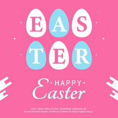 Happy Easter. Patterns. Greeting card template. Vector Easter illustration. Easter eggs, rabbit. Perfect for a poster, holiday cover, or postcard.