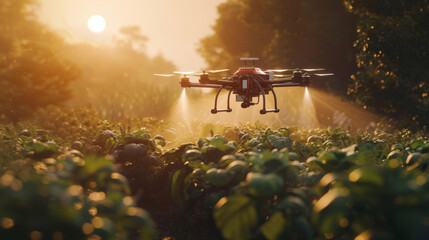 Agriculture drone flying above vegetable farm and spraying fertilizer. Smart and precision farming, Agricultural technology concept.