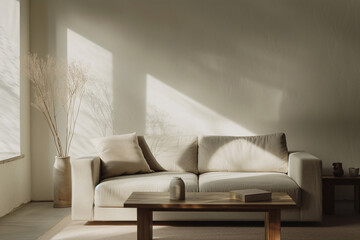 A white couch sits in front of a window with a vase of flowers and empty wall, interior design