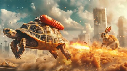 Turtle with a rocket pack racing against hares in a modern city