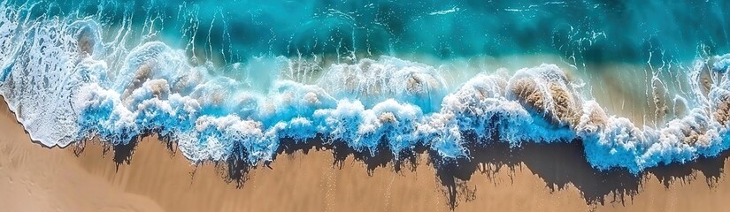 panoramic view of the ocean waves crashing onto golden sand, creating intricate patterns and textures in shades of blue and white. The water's surface reflects the sky above, adding depth to the scene