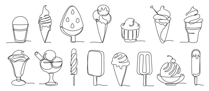 Continuous one line ice cream. Hand drawn soft serve frozen desserts, cold popsicles and sundaes vector illustration set