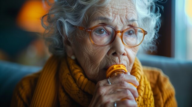 An elderly woman with glasses and a scarf use inhaller 