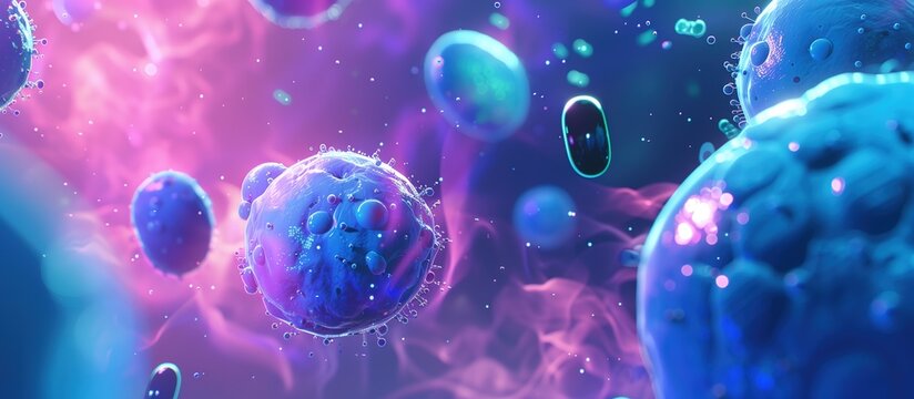 vibrant pink and blue cells in the human body surrounded by dark spheres representing cancer cell explosions, creating an atmosphere of mystery and intrigue
