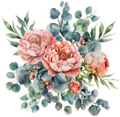 Delicate Watercolor Easter Peony and Eucalyptus PNG on White Background