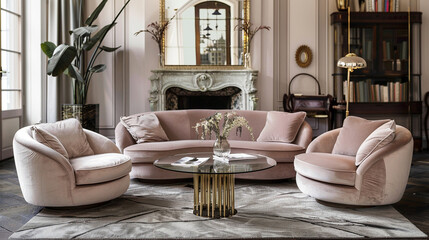 Achieving a modern glam look in the living room with a palette of blush pink, metallic gold accents, and luxurious velvet furnishings for a touch of elegance.