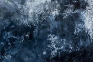 A textured abstract painting with deep blues and grays, evoking a tumultuous sea or stormy night...
