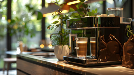 Fototapeta na wymiar Coffee machine on kitchen counter in house building