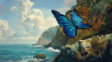 Against a backdrop of ochre cliffs and azure waters, a blue butterfly dances in the sea breeze, a...
