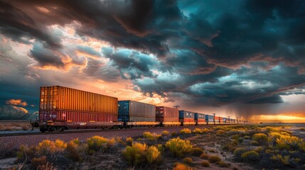High angle view of a freight train, illustrating the precision and efficiency of industrial logistics from an elevated perspective. - Powered by Adobe