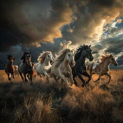 A herd of horses in the sunset