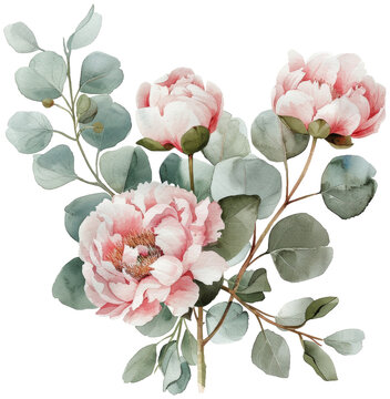 Delicate Watercolor Easter Peony and Eucalyptus PNG on White Background
