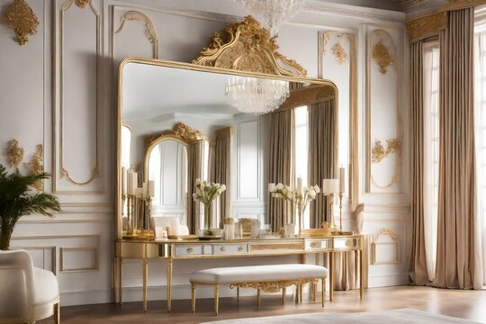 interior of a room, Step into a realm of timeless elegance with a captivating image featuring a mirror in a classic luxury room adorned in light colors