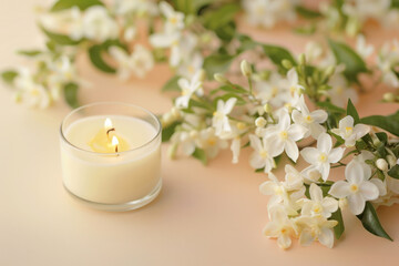 White Candle Next to Flowers on Table