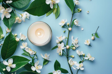 Candle Surrounded by Flowers and Leaves on Blue Background