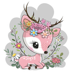 Cute Cartoon Pink Deer with flowers - obrazy, fototapety, plakaty