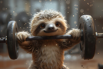 Sloth with barbell in a gym setting. High-resolution digital artwork featuring a sloth in strength training. Workout motivation and gym inspiration concept for posters and banners. Indoor close-up wit - obrazy, fototapety, plakaty
