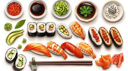  Japanese sushi top view set. generative ai 