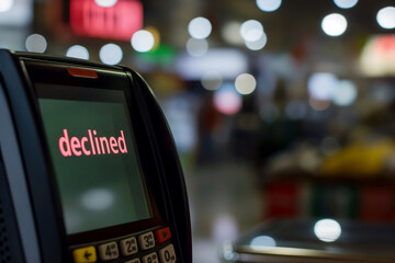 A payment terminal screen displaying the word "declined" in a store with blurry lights and shoppers in the background, indicating a transaction failure.