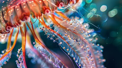 photography of a colorful Jellyfish Tentacles - Close-up of the delicate tentacles of a jellyfish underwater made out jewels - obrazy, fototapety, plakaty