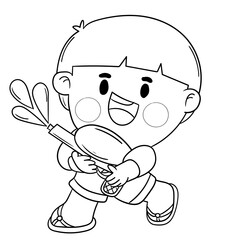 A kid in native costume Playing with water on Songkran day