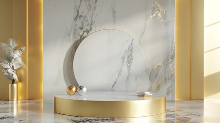 3D podium with luxurious marble pattern in white and gold colors adorned with beautiful accessories...
