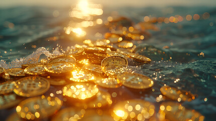 Gold coin money wave crypto sea concept, generative ai - obrazy, fototapety, plakaty