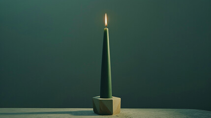 An eye-catching green candle standing tall in a simple, geometric candle holder, creating a striking visual contrast.