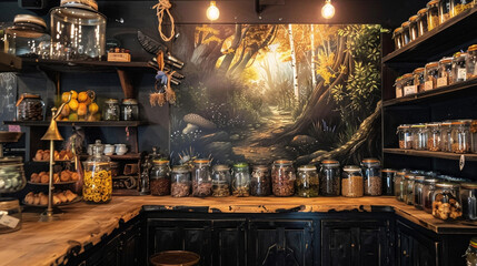An enchanted forest scene depicted on the black wall behind the wooden shelves, with jars of magical ingredients lining the shelves.